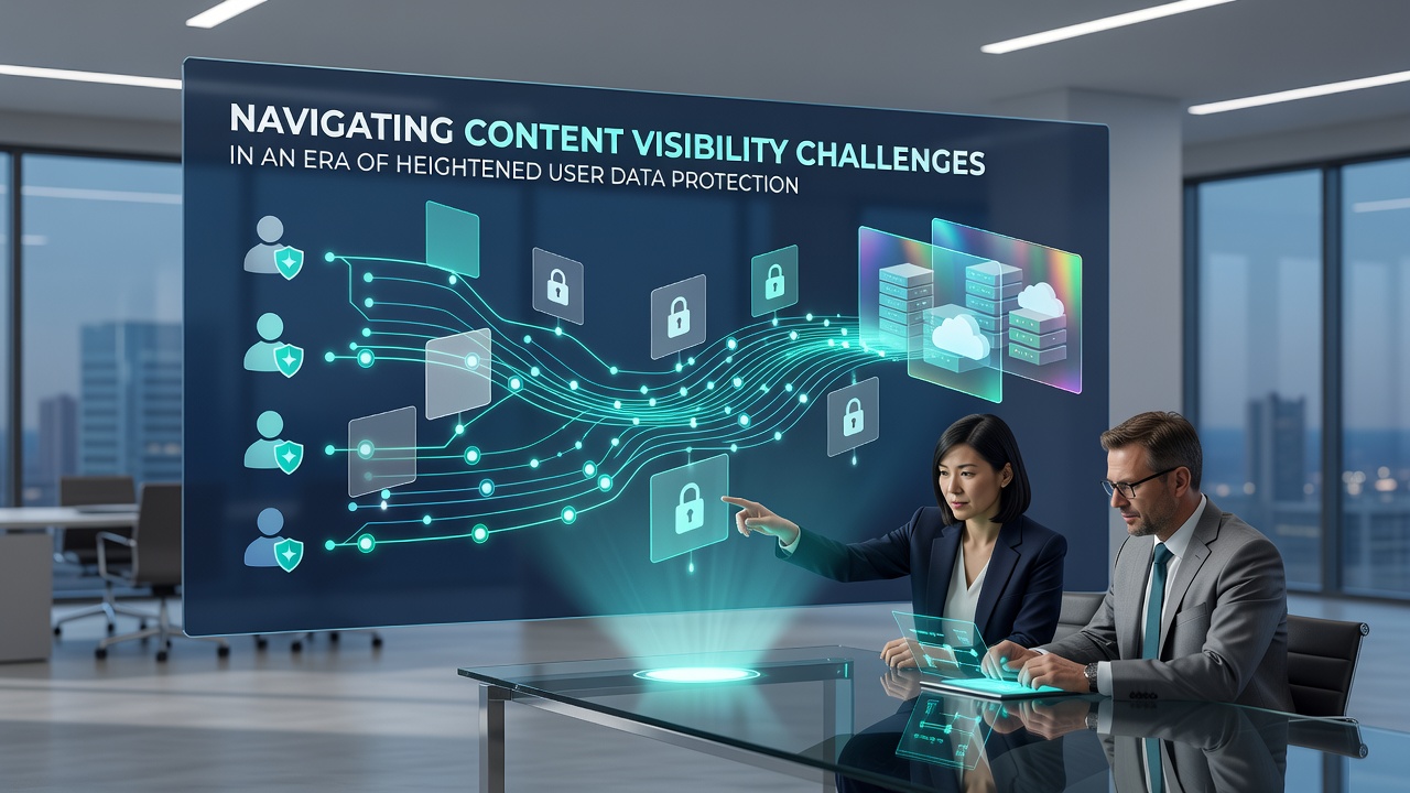 Illustration of content creators adjusting strategies amid privacy regulations with charts showing traffic sources shifting toward direct and contextual methods